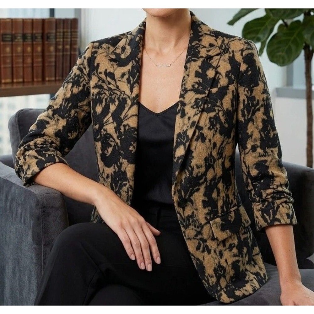 Coldwater Creek Womens Blazer Jacket S 6 8 Black Tan Tweed Ruched 3/4 Sleeves